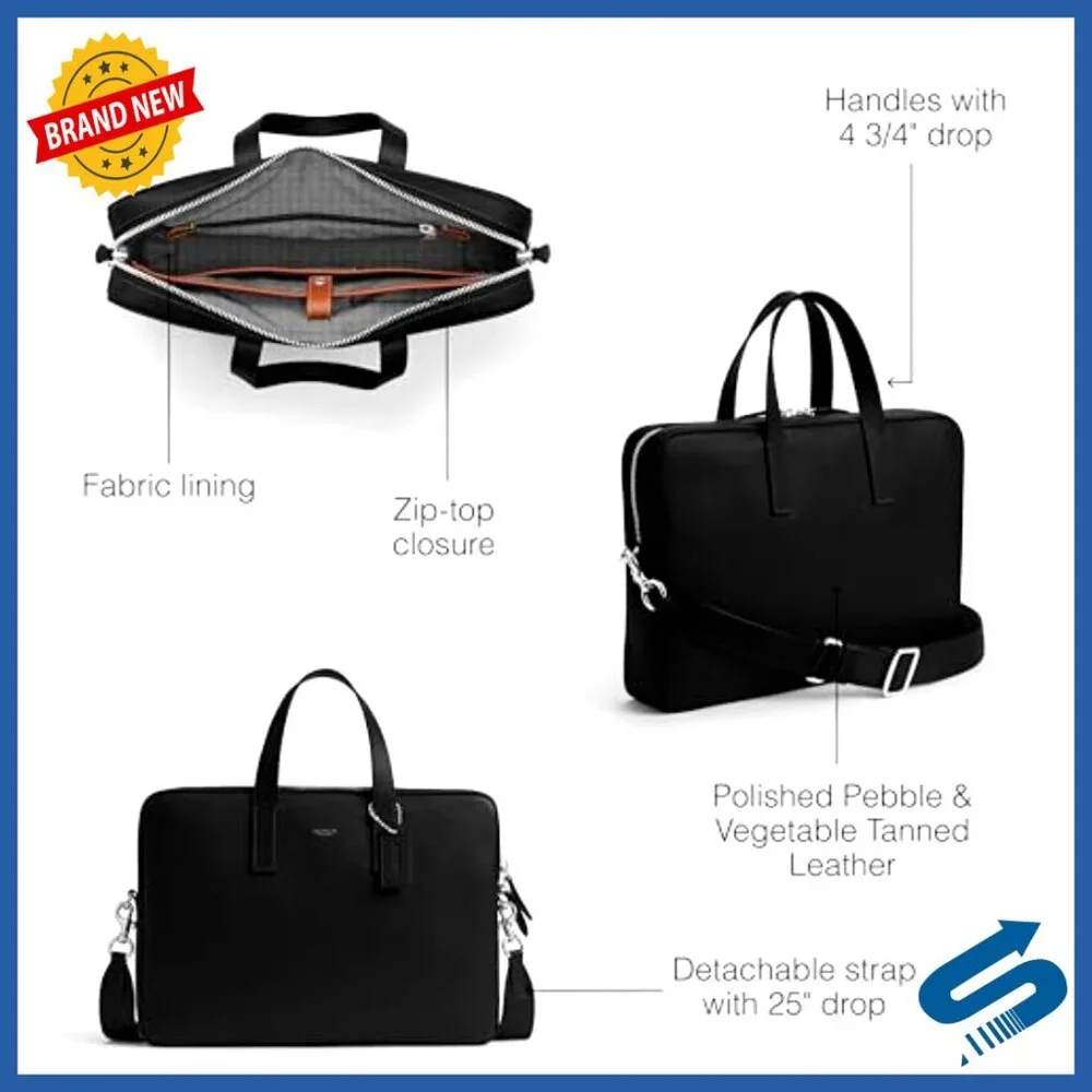 Leather Briefcase with Laptop Sleeve, Detachable Crossbody Strap